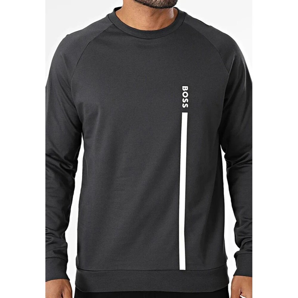 HUGO BOSS Sweatshirt Mens XL Dark Grey Logo Stripe Lightweight Authentic